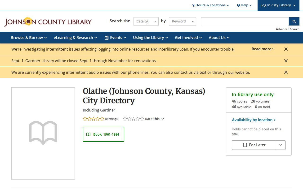 Johnson County Library catalog record for the Gardner-inclusive Polk city directory